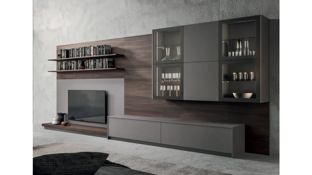 Parete Attrezzata Living T05 in Fenix Grigio Londra e melaminico Noce dark di Gentili Cucine