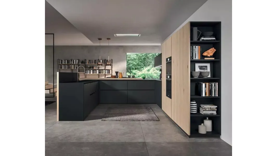 Cucina Moderna con penisola Time 04 in vetro Nero opaco e impiallacciato Rovere nordico nodato di Gentili Cucine